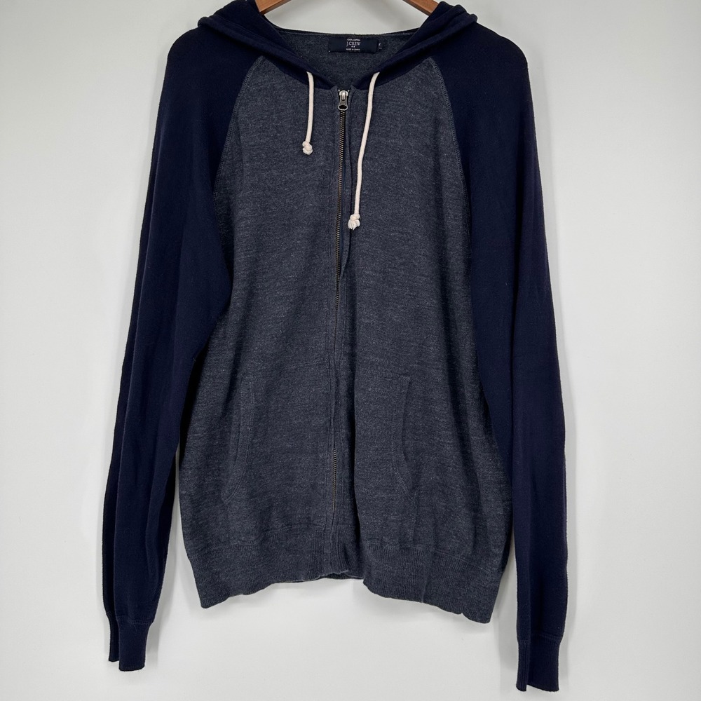 J.Crew Mens XL Full Zip Hoodie Cotton Raglan Colorblock Grey Navy Blue‎